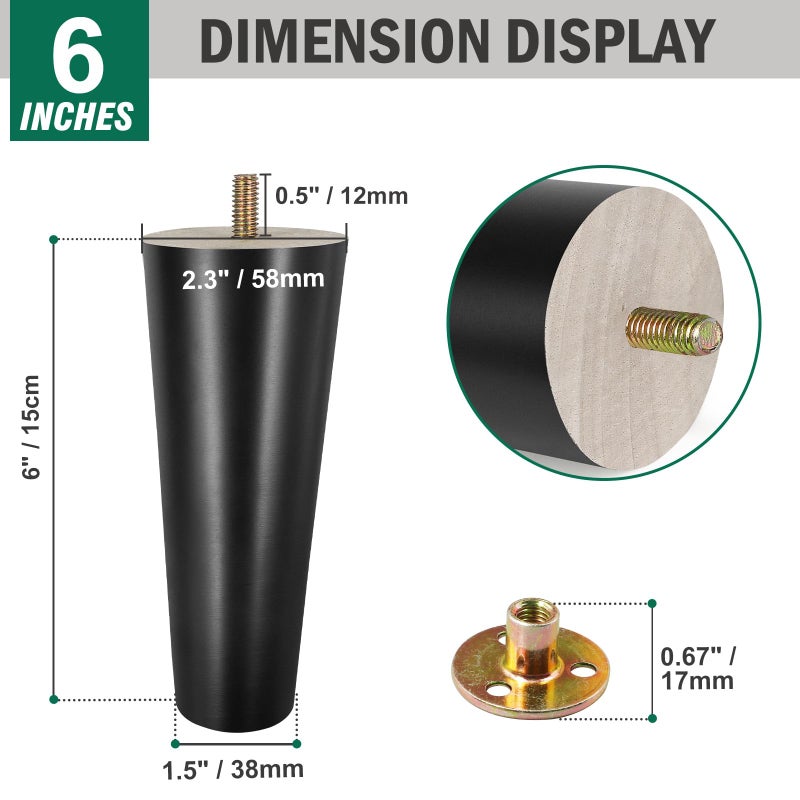 FoDau770 Black Rubber Wood Furniture Legs 6 Inches, Straight Tapered Wood Legs Mid Century Sofa Legs Set of 4, 5/16"" UNC Furniture Feet Replacement Legs for Cabinet Sofa Couch Dresser Chair Ottoman - Image 3